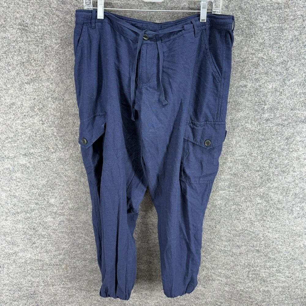 Venus Cargo Pants Women 14 Blue High Rise Flat Front Skinny Linen Pockets Casual